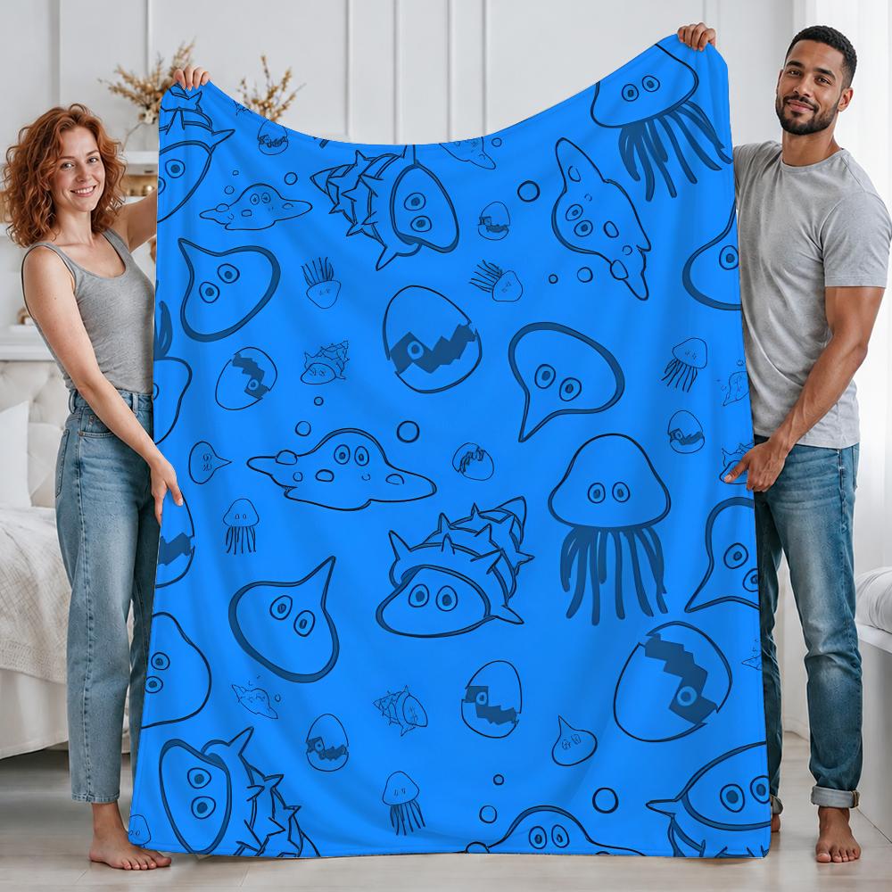 Office Quest - かわいいゲーム「スライム」モリモリドラゴンクエストのカスタムプリントが施された、ソファ、ベッド、オフィス、旅行、キャンプに最適なフランネル素材のブランケット。